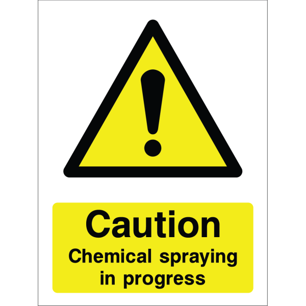 Warning sign with a yellow triangle containing an exclamation mark and the message “Caution Chemical spraying in progress” in bold black on yellow background