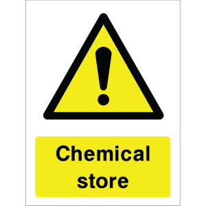 Warning sign with a yellow triangle containing an exclamation mark and the words “Chemical store” in bold black on yellow background