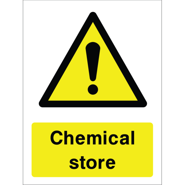 Warning sign with a yellow triangle containing an exclamation mark and the words “Chemical store” in bold black on yellow background