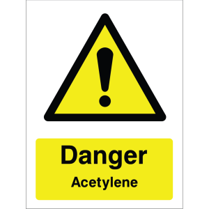 Warning sign with yellow background, black triangle, exclamation mark, and "Danger Acetylene" text.