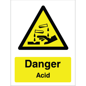 Warning sign with yellow triangle, black spilled liquid pictogram, and "Danger Acid" text.