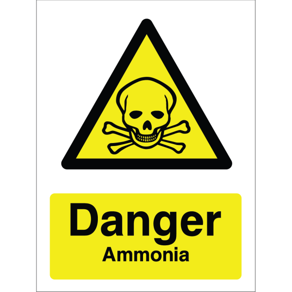 A bright yellow warning sign with a black triangle icon featuring a skull and crossbones, along with the text: "Danger Ammonia".