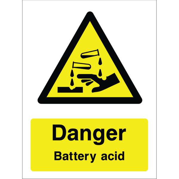 A bright yellow warning sign with a black triangle icon showing a hand and test tube spilling liquid, along with the text: "Danger Battery Acid".