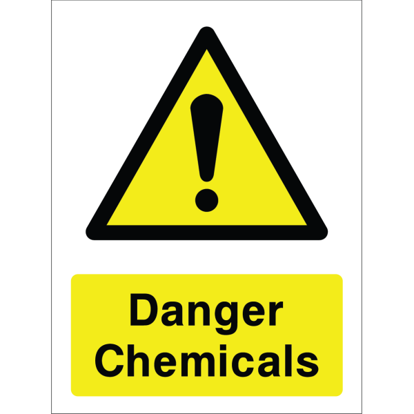Warning sign with a yellow triangle containing an exclamation mark and the text “Danger Chemicals” in bold black on yellow background