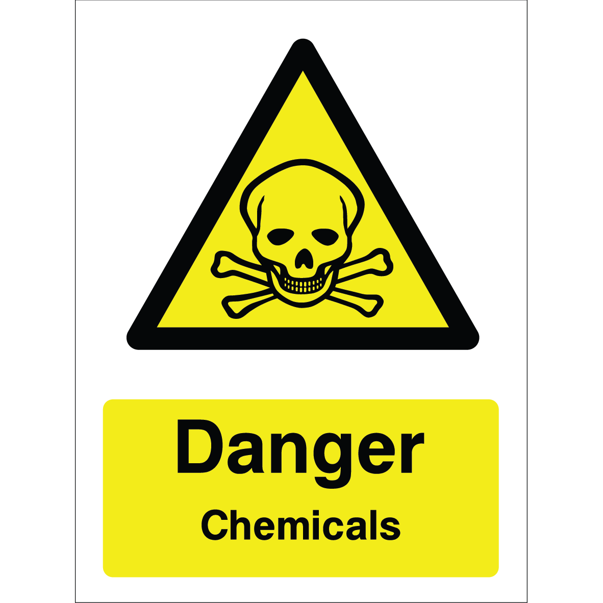 Warning sign with yellow triangle, black skull and crossbones symbol, and "Danger Chemicals" text.