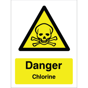 Warning sign with yellow triangle, black skull and crossbones symbol, and "Danger Chlorine" text.