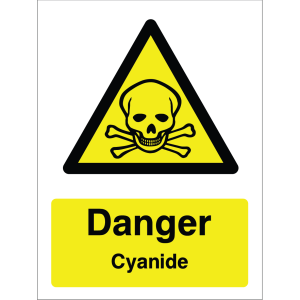 Warning sign with yellow triangle, black skull and crossbones symbol, and "Danger Cyanide" text.