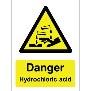 Warning sign with yellow triangle, black pictogram of a hand and liquid, and "Danger Hydrochloric Acid" text.