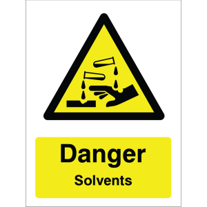 Warning sign with yellow triangle, black pictogram of a hand and liquid drops, and "Danger Solvents" text.