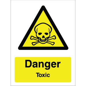 Warning sign with yellow triangle, black skull and crossbones symbol, and "Danger Toxic" text.