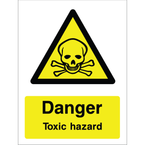 Warning sign with yellow triangle, black skull and crossbones symbol, and "Danger Toxic hazard" text.