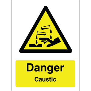 A bright yellow warning sign with a black triangle pictogram depicting a hand being corroded by liquid and the text: "Danger Caustic".