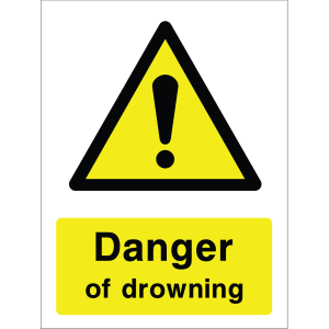 Warning sign with a yellow triangle containing an exclamation mark and the words “Danger of drowning” in bold black on yellow background