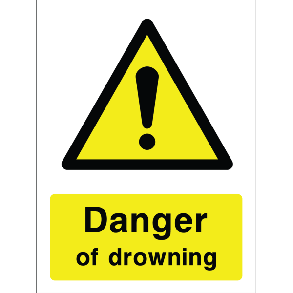 Warning sign with a yellow triangle containing an exclamation mark and the words “Danger of drowning” in bold black on yellow background