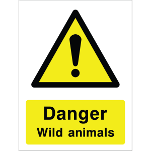 Warning sign with a yellow triangle containing an exclamation mark and the words “Danger Wild animals” in bold black on yellow background