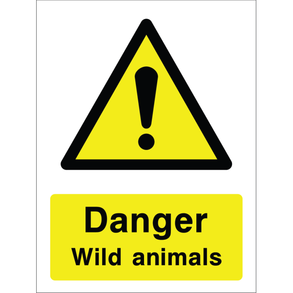 Warning sign with a yellow triangle containing an exclamation mark and the words “Danger Wild animals” in bold black on yellow background