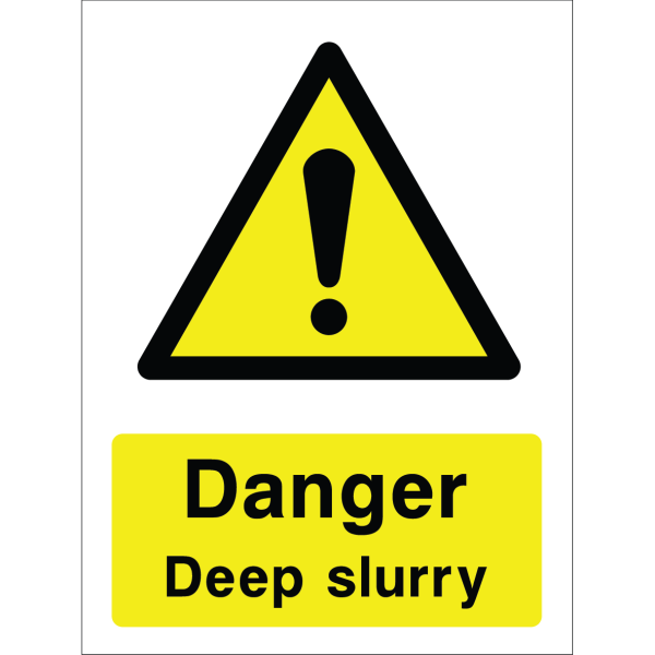 Warning sign with a yellow triangle containing an exclamation mark and the words “Danger Deep slurry” in bold black on yellow background
