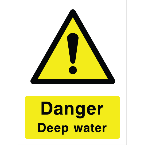 Warning sign with a yellow triangle containing an exclamation mark and the words “Danger Deep water” in bold black on yellow background