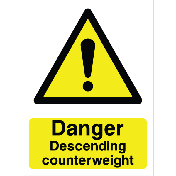 Warning sign: danger of descending counterweight