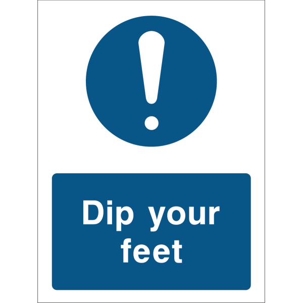 Dip Your Feet warning sign with exclamation mark and white text on blue background