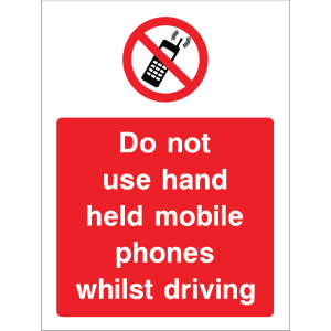 Outdoor "Do not use hand held mobile phones whilst driving" warning sign with no phone symbol