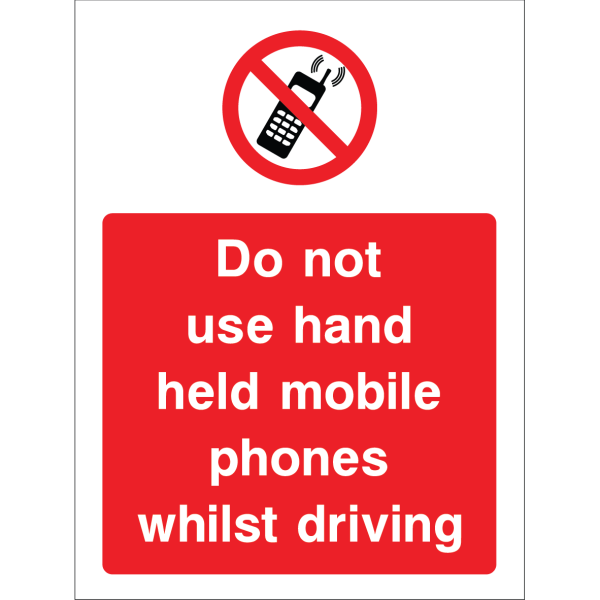 Outdoor "Do not use hand held mobile phones whilst driving" warning sign with no phone symbol