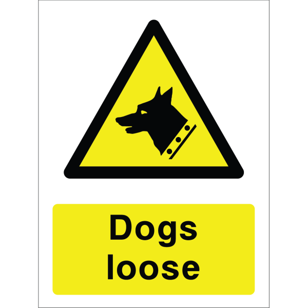 Warning sign with a yellow triangle containing a dog silhouette and the words “Dogs loose” in bold black on yellow background