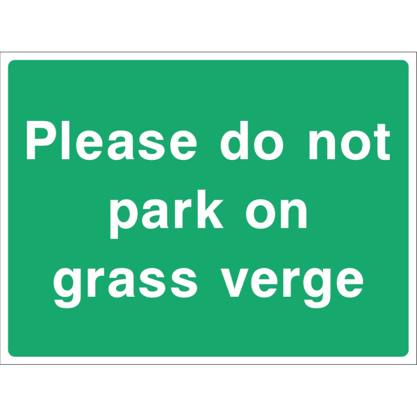Please Do Not Park on Grass Verge sign with bold white text on green background