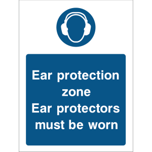 Blue warning sign with an icon of ear defenders and the text “Ear protection zone. Ear protectors must be worn”