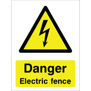 Warning sign with lightning bolt icon and text “Danger Electric fence” in bold black on yellow background