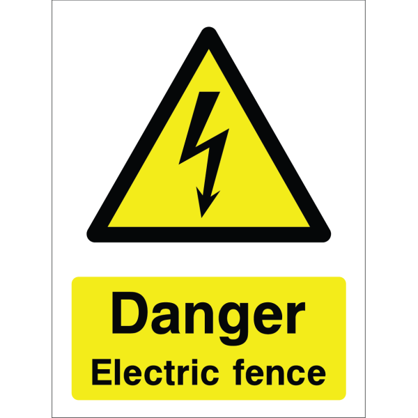 Warning sign with lightning bolt icon and text “Danger Electric fence” in bold black on yellow background