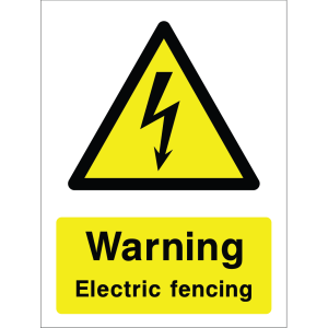 Warning sign with lightning bolt icon and text “Warning Electric fencing” in bold black on yellow background