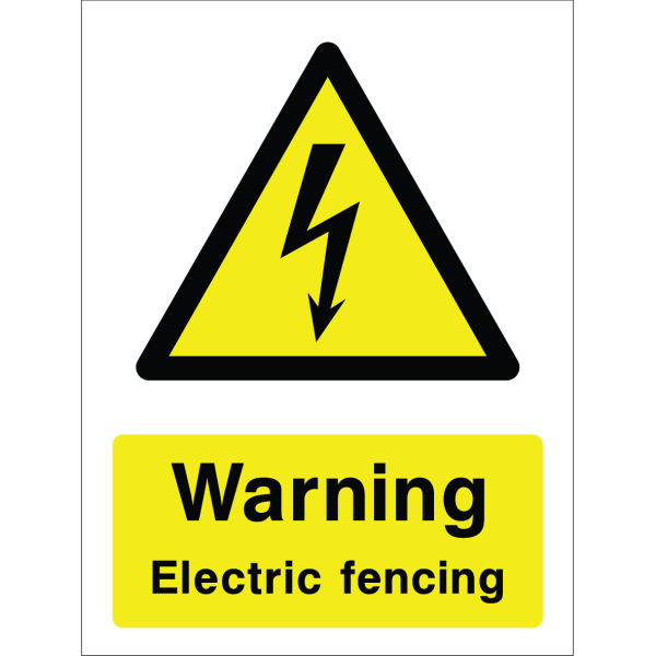 Warning sign with lightning bolt icon and text “Warning Electric fencing” in bold black on yellow background