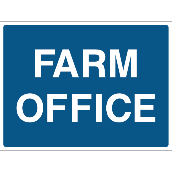 Farm Office sign with bold white text on blue background