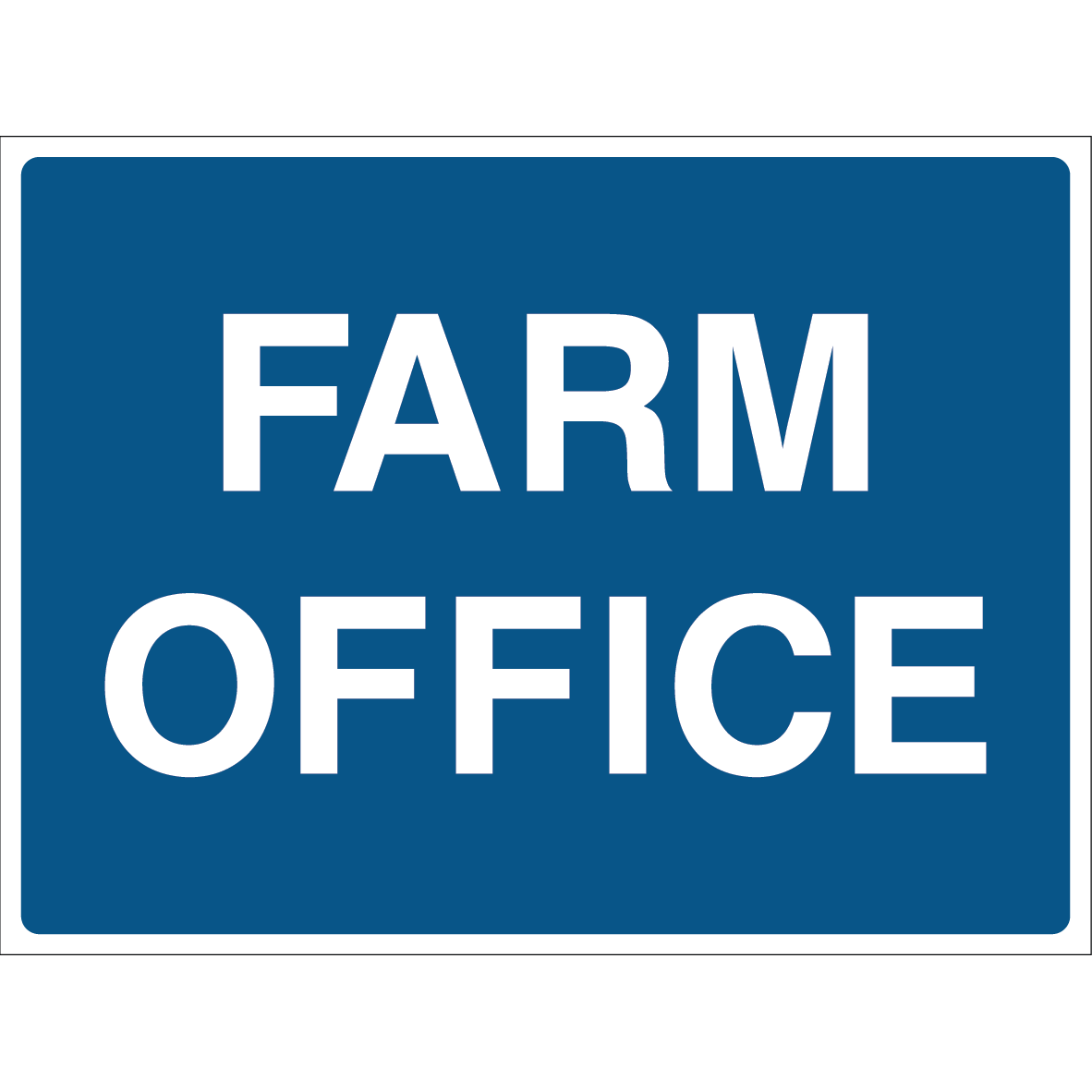 Farm Office sign with bold white text on blue background