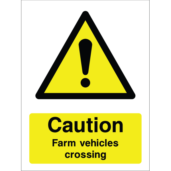 Caution sign with exclamation mark and farm vehicles crossing message in bold black text on yellow background