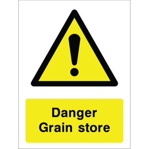 Warning sign with a yellow triangle containing an exclamation mark and the words “Danger Grain store” in bold black on yellow background