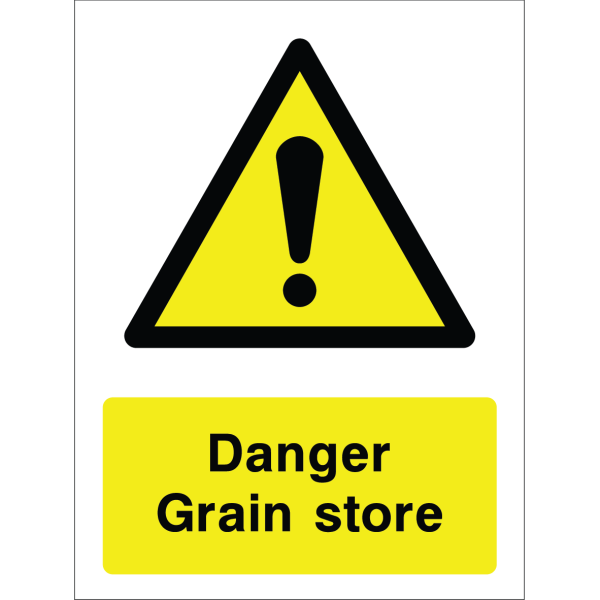 Warning sign with a yellow triangle containing an exclamation mark and the words “Danger Grain store” in bold black on yellow background