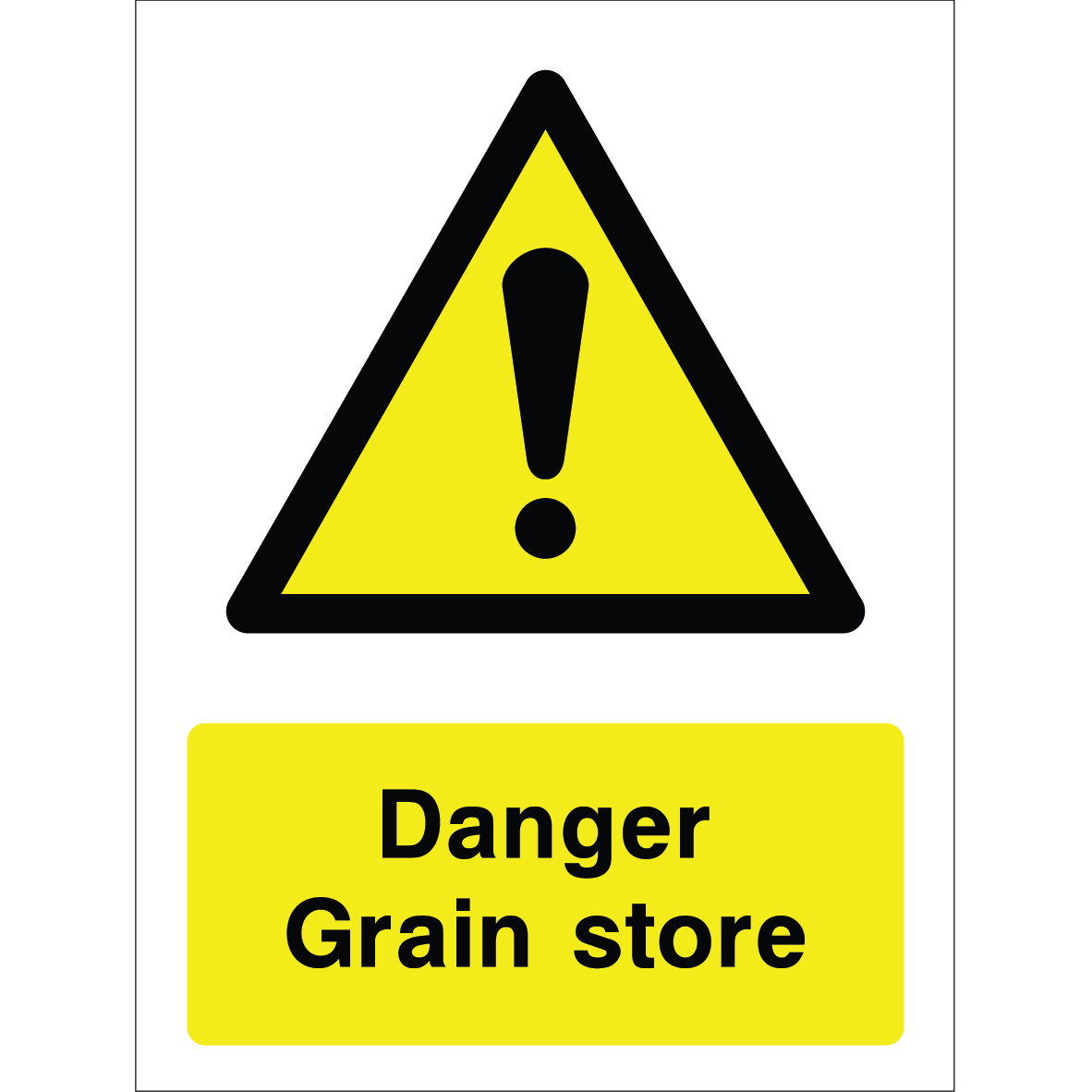 Warning sign with a yellow triangle containing an exclamation mark and the words “Danger Grain store” in bold black on yellow background