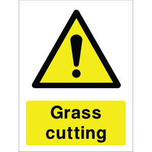 Warning sign with a yellow triangle containing an exclamation mark and the words “Grass cutting” in bold black on yellow background