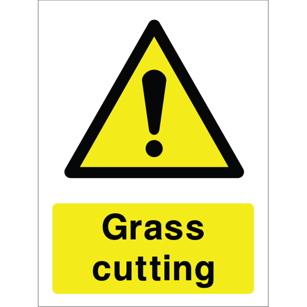 Warning sign with a yellow triangle containing an exclamation mark and the words “Grass cutting” in bold black on yellow background