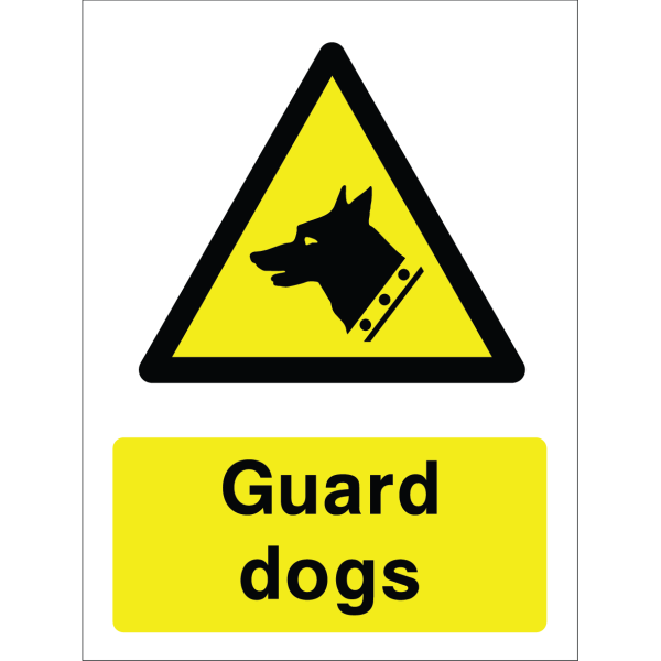 Warning sign with a yellow triangle containing a dog silhouette and the words “Guard dogs” in bold black on yellow background