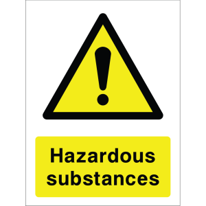 Warning sign with a yellow triangle containing an exclamation mark and the words “Hazardous substances” in bold black on yellow background