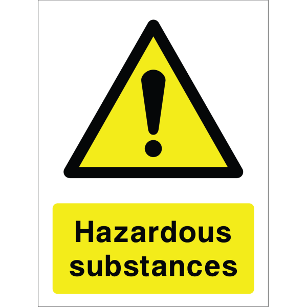 Warning sign with a yellow triangle containing an exclamation mark and the words “Hazardous substances” in bold black on yellow background