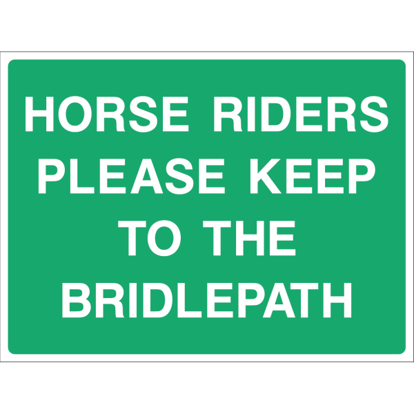 Horse riders please keep to the bridlepath sign with bold white text on green background