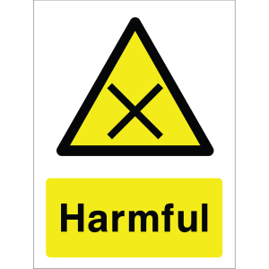 Warning sign with an “X” symbol inside a yellow triangle and the word “Harmful” in bold black text on yellow background