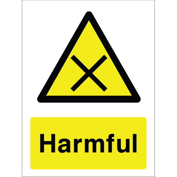 Warning sign with an “X” symbol inside a yellow triangle and the word “Harmful” in bold black text on yellow background