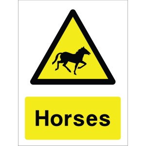 Warning sign with a yellow triangle containing a horse silhouette and the word “Horses” in bold black on yellow background