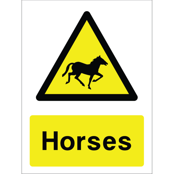 Warning sign with a yellow triangle containing a horse silhouette and the word “Horses” in bold black on yellow background