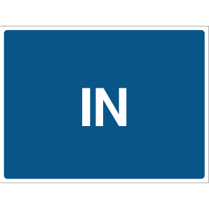A rectangular outdoor sign with a blue background, featuring the word "IN" in white capital letters.